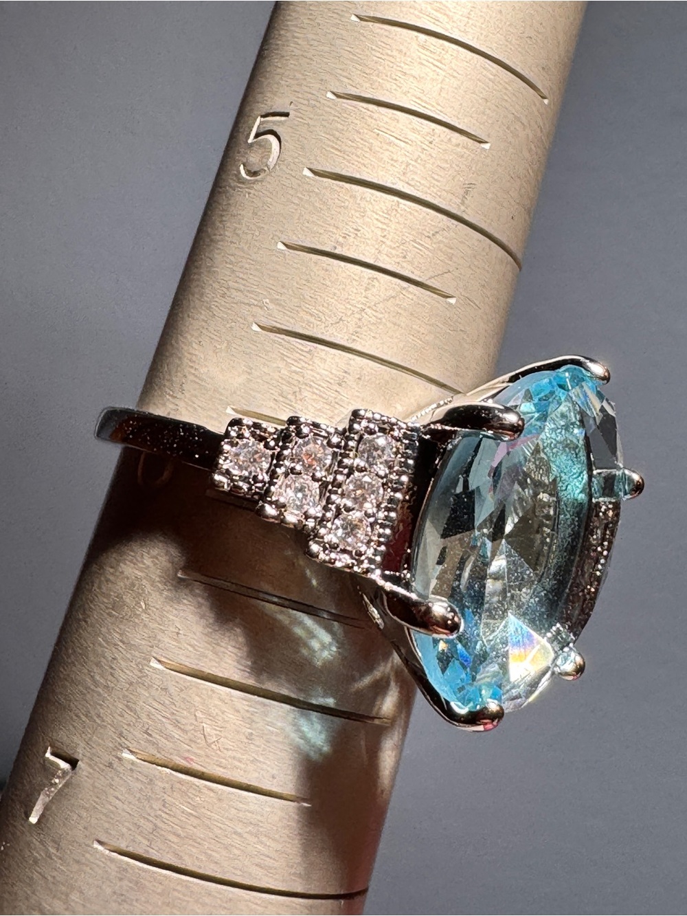 Silver Aquamarine Oval Ring with Pave Accents size 6 - Picture 3 of 3
